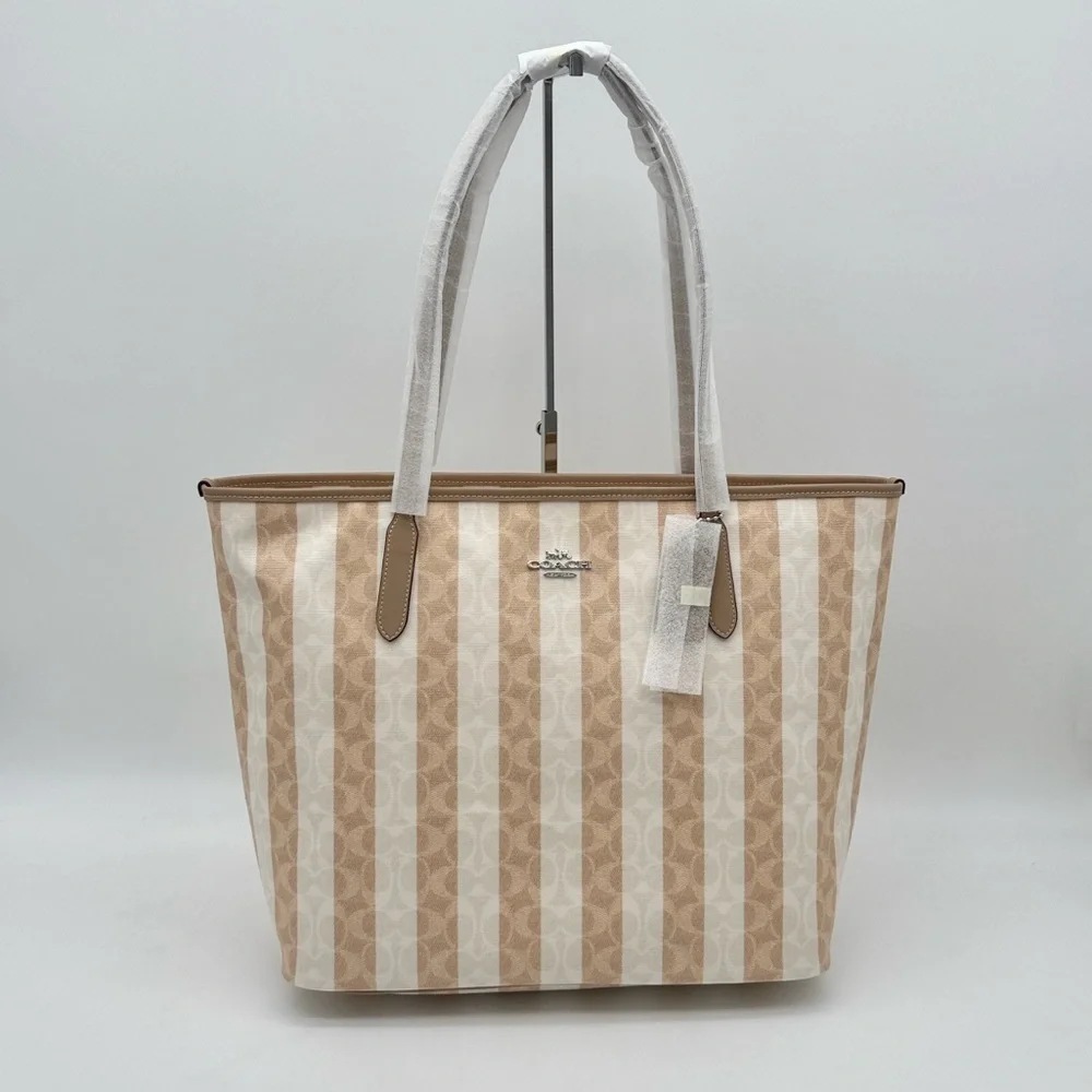 Coach Large City Tote Bag In Signature Canvas With Stripe Silver Sand Tan